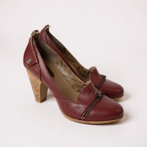 London Underground Wine Leather Zipper Accent 4 inch Heels Y2K Chunky Ladies 9